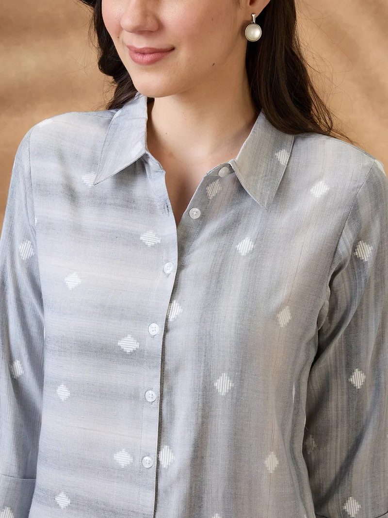 globus Women Grey Collar Neck Roll-Up Sleeves Geometric Woven Design Workwear Shirt Style Tunic