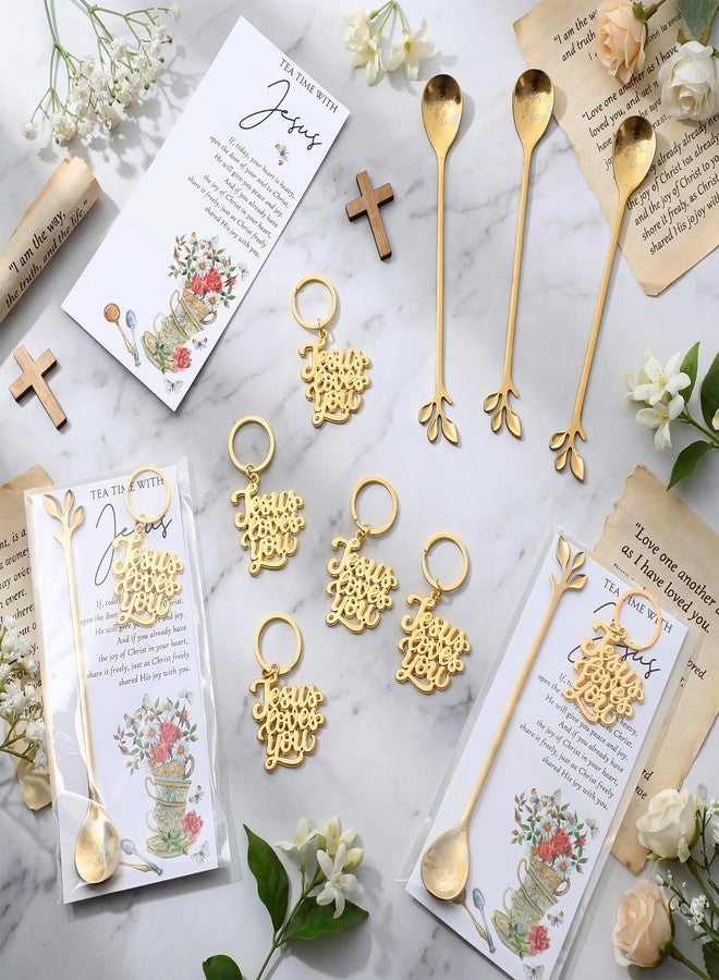 Skybooly 12 Sets Tea Party Favors for Women Christian Tea Party Favors 6.5" Jesus Teaspoons with Prayer Cards Jesus Loves You Keychains Christian Gifts for Church Mothers' Day Gift (Gold) - Image 3