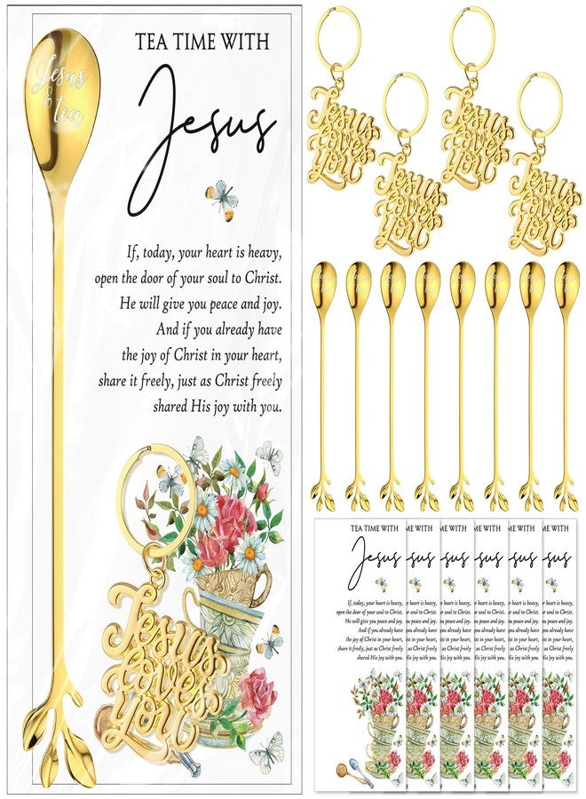 Skybooly 12 Sets Tea Party Favors for Women Christian Tea Party Favors 6.5" Jesus Teaspoons with Prayer Cards Jesus Loves You Keychains Christian Gifts for Church Mothers' Day Gift (Gold) - Image 1