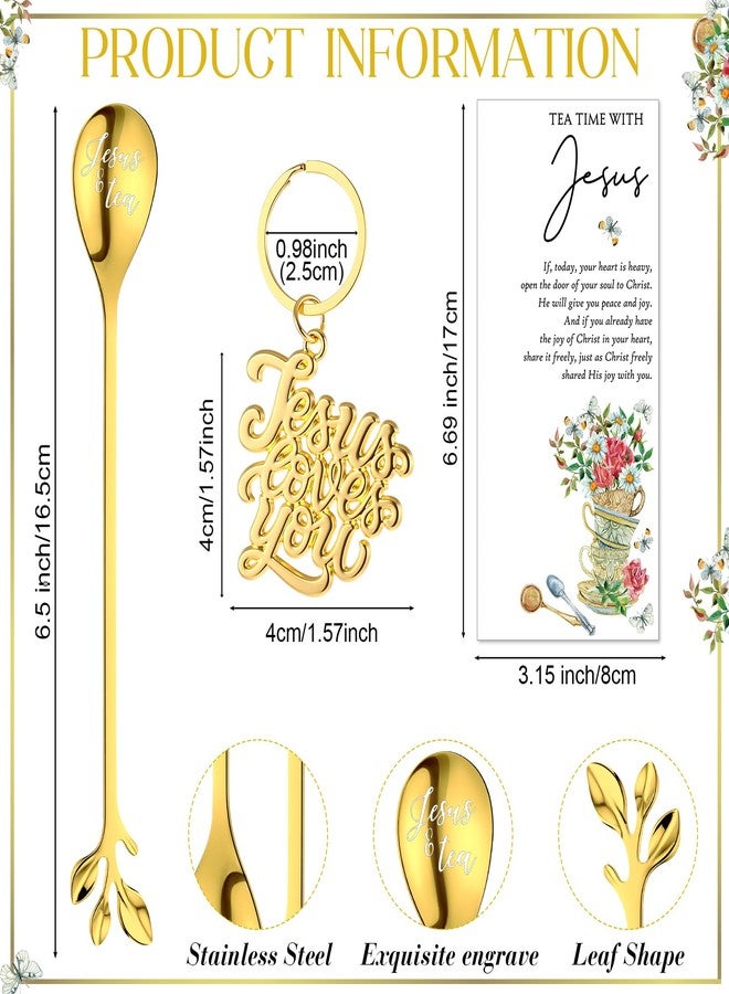 Skybooly 12 Sets Tea Party Favors for Women Christian Tea Party Favors 6.5" Jesus Teaspoons with Prayer Cards Jesus Loves You Keychains Christian Gifts for Church Mothers' Day Gift (Gold) - Image 2