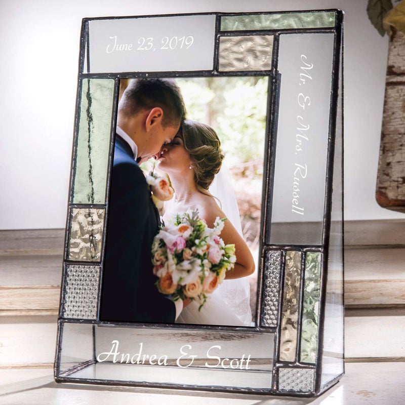 Wedding Picture Frame Personalized Gift for Couple Engraved Green Yellow Glass Table Top Photo Engagement Keepsake J Devlin Pic 430 EP619 4x6 vertical