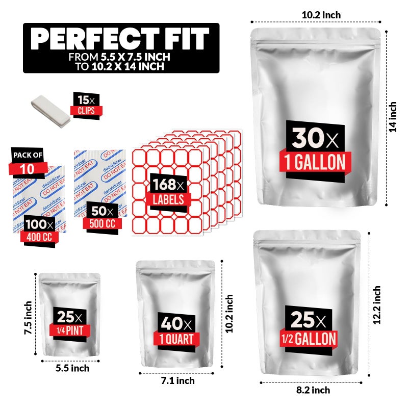 ROYLO GLOBE 120 Mylar Bags with 150 Oxygen Absorbers-168 Labels & Stand-Up Reusable 4 Sizes Airtight Smell Proof Resealable Bags with 15 Clips-11 MIL Food Storage Large Mylar Bags - Image 2