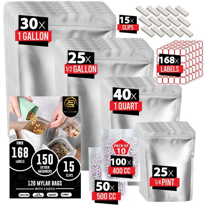 ROYLO GLOBE 120 Mylar Bags with 150 Oxygen Absorbers-168 Labels & Stand-Up Reusable 4 Sizes Airtight Smell Proof Resealable Bags with 15 Clips-11 MIL Food Storage Large Mylar Bags - Image 1