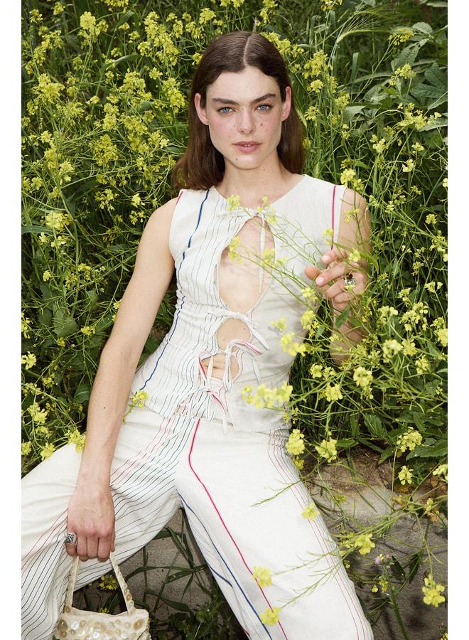 GRIMELANGE PORTOFINO Women's Linen-Blend Front-Tied Stripe-Detail Body-Fitting Ecru Blouse. - Image 1