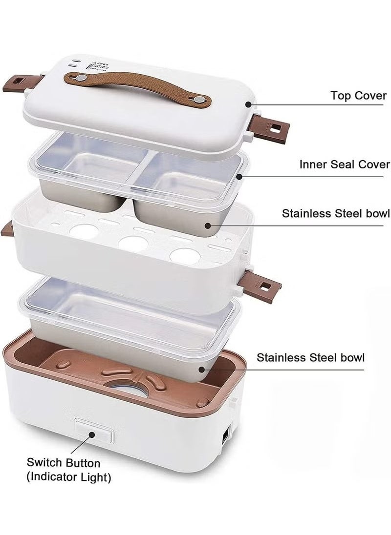 JWSISSIE - Portable 2 Tier Electric Lunch Box 800ML Household Detachable 304 Stainless Steel 220V White - Image 1