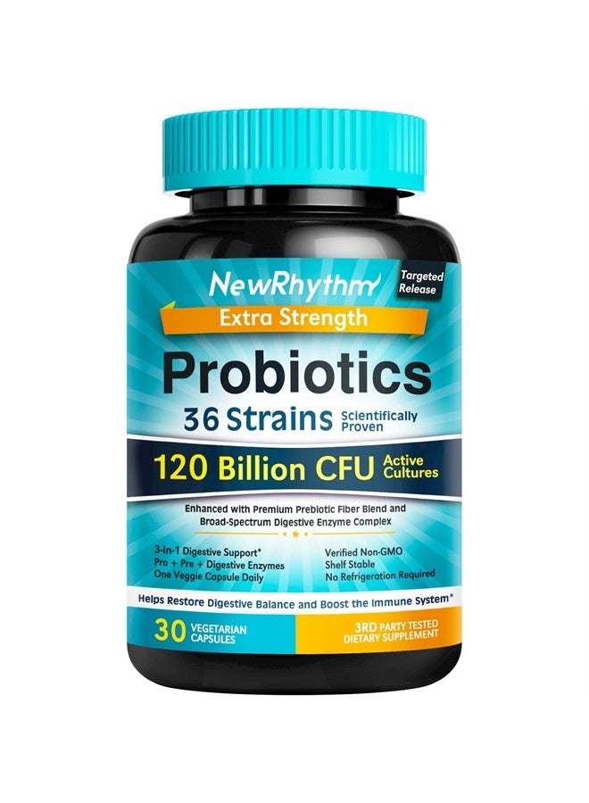 NewRhythm Probiotics 120 Billion CFU 36 Strains, 3-in-1 Digestive & Immune Support with Prebiotics & Enzymes, Targeted Release, Stomach Acid Resistant, No Refrigeration, Non-GMO, Vegan,Capsule - Image 1