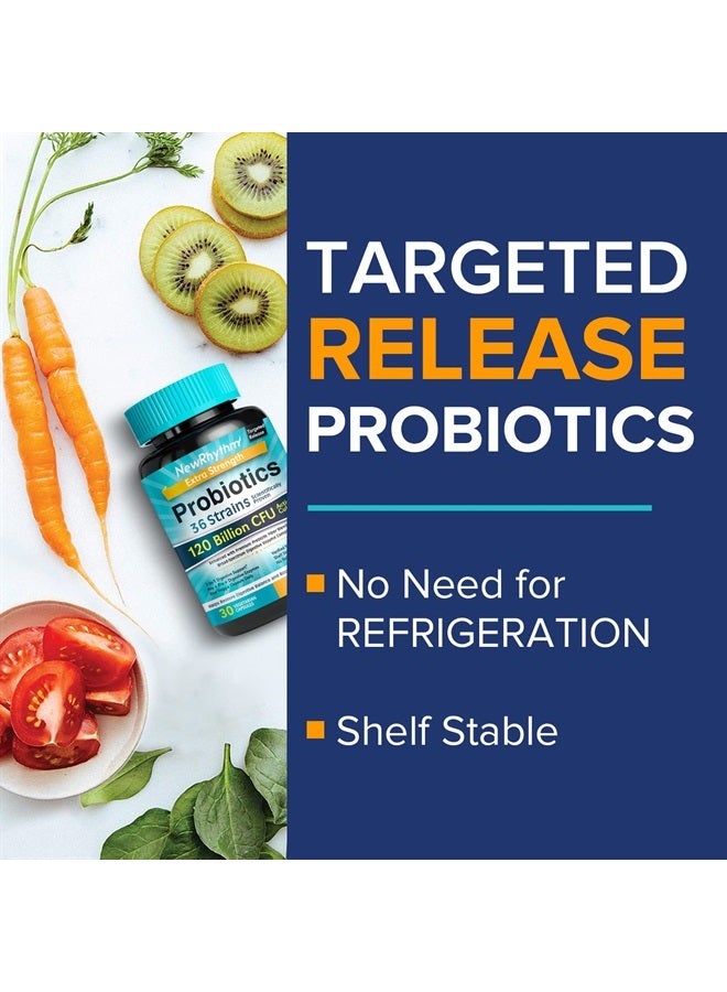 NewRhythm Probiotics 120 Billion CFU 36 Strains, 3-in-1 Digestive & Immune Support with Prebiotics & Enzymes, Targeted Release, Stomach Acid Resistant, No Refrigeration, Non-GMO, Vegan,Capsule - Image 4