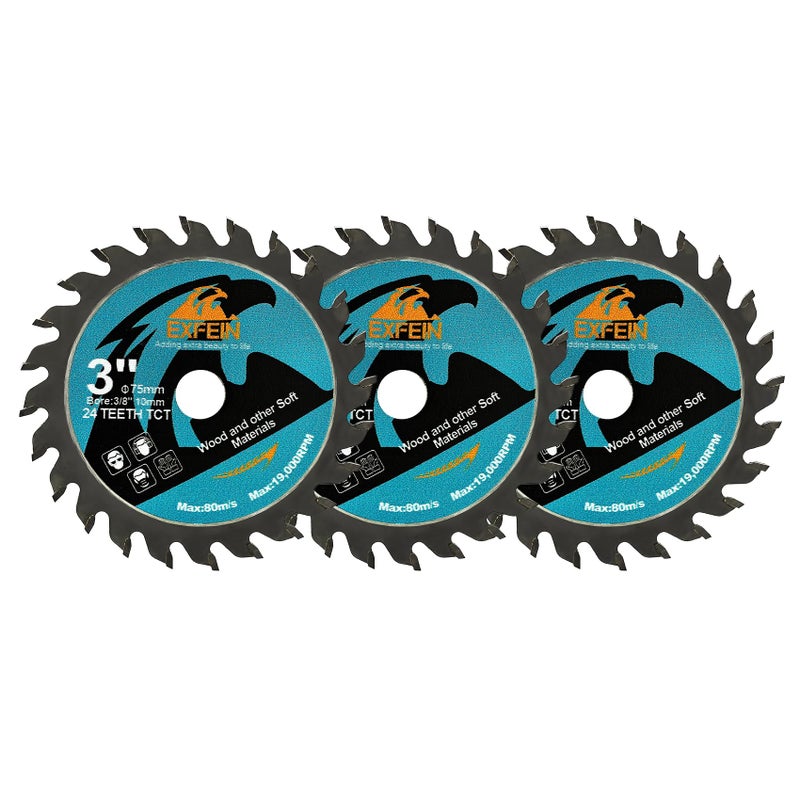 EXFEIN Wood Cutting Disc 3 Inch 3pcs 24T TCT Carbide Tipped Teeth Compact Circular Saw Blade with 10mm Arbor General Purpose for Cuttting in Wood Plastic and Composite Materials