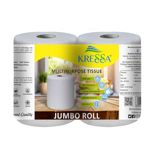 Kressa Jumbo Multipurpose Paper Tissue Roll | Kitchen Roll 2 Rolls Total 600 Sheets 2 Ply 100% Natural Virgin Pulp - Image 1