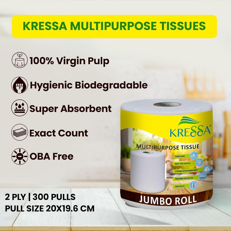 Kressa Jumbo Multipurpose Paper Tissue Roll | Kitchen Roll 2 Rolls Total 600 Sheets 2 Ply 100% Natural Virgin Pulp - Image 2