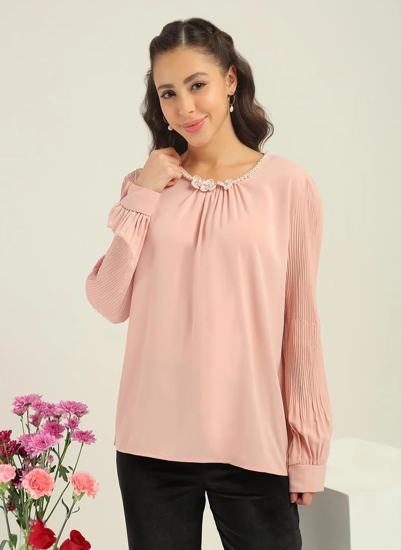 globus Globus Women Pink Round Neck Pearl & Embellished Detail Accordion Pleated Cuffed Sleeves Party Top