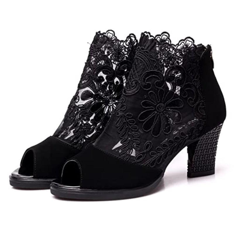 Optigard Women's Flowers Lace Fish Mouth Open Toe High Heels Sandals with Back Zipper Cutout Breathable Non-Slip Block Heeled Ankle Bootie Sandals Fashion Wedding Party Dress Shoes (8,Black,Female) - Image 1