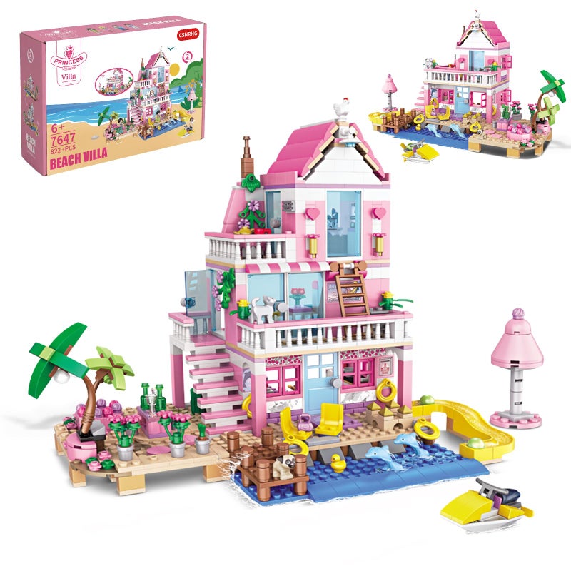 CSNRHG Pink Seaside Beach Villa Friends Building Set Friends Construction Educational Toy 822 Pieces Gifts for Girls Teens Kids Adults Ages 6+ - Image 1