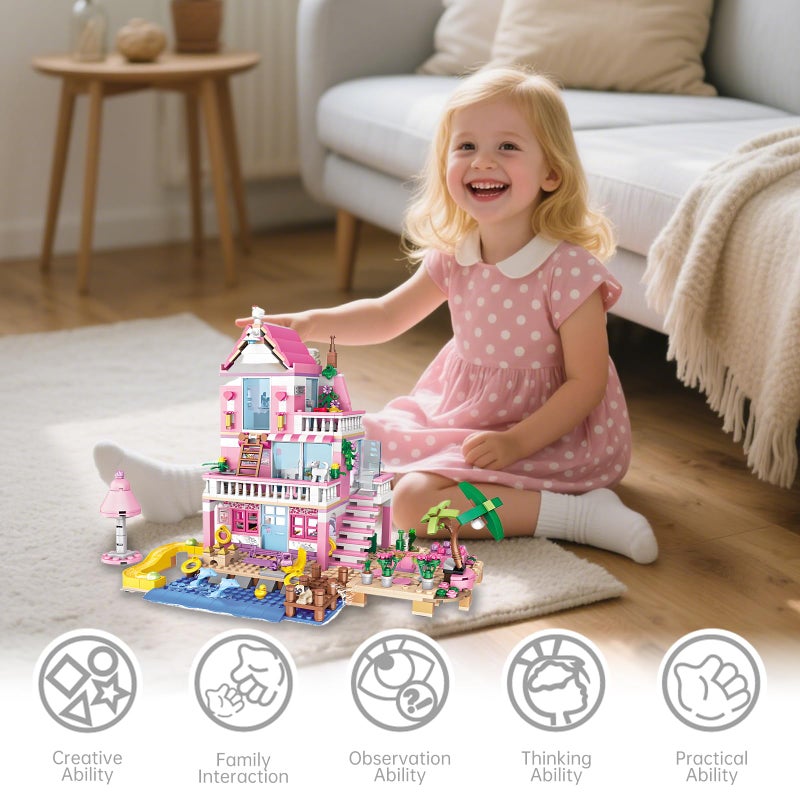 CSNRHG Pink Seaside Beach Villa Friends Building Set Friends Construction Educational Toy 822 Pieces Gifts for Girls Teens Kids Adults Ages 6+ - Image 5