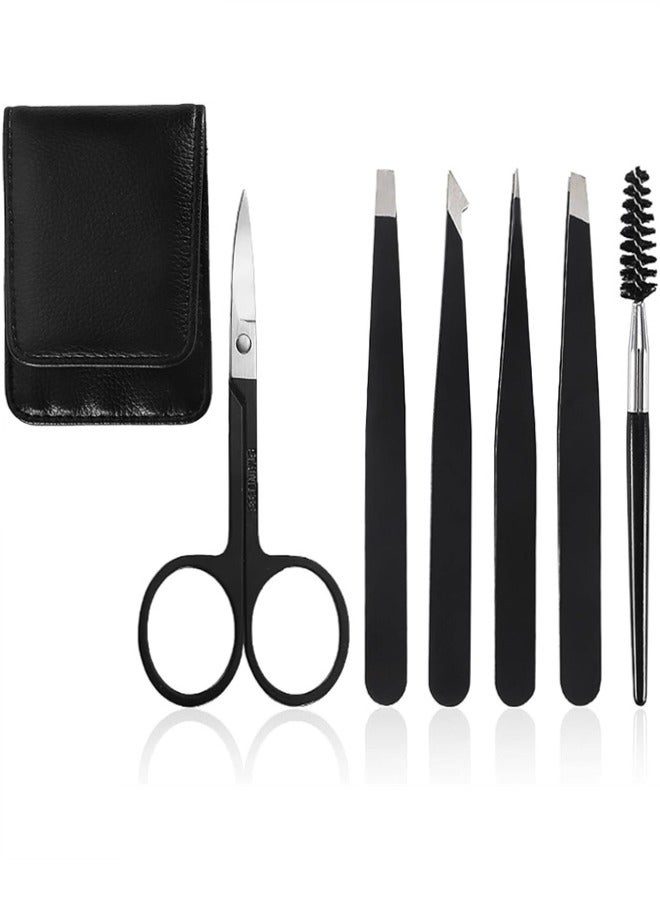 طقم ملاقط، 6 قطع ملاقط احترافية من الفولاذ المقاوم للصدأ، طقم ملاقط حواجب مع علبة لشعر الوجه النامي تحت الجلد، أداة تجميل يومية، أسود - Image 1