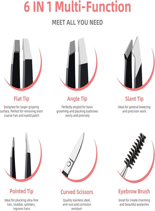 طقم ملاقط، 6 قطع ملاقط احترافية من الفولاذ المقاوم للصدأ، طقم ملاقط حواجب مع علبة لشعر الوجه النامي تحت الجلد، أداة تجميل يومية، أسود - Image 4