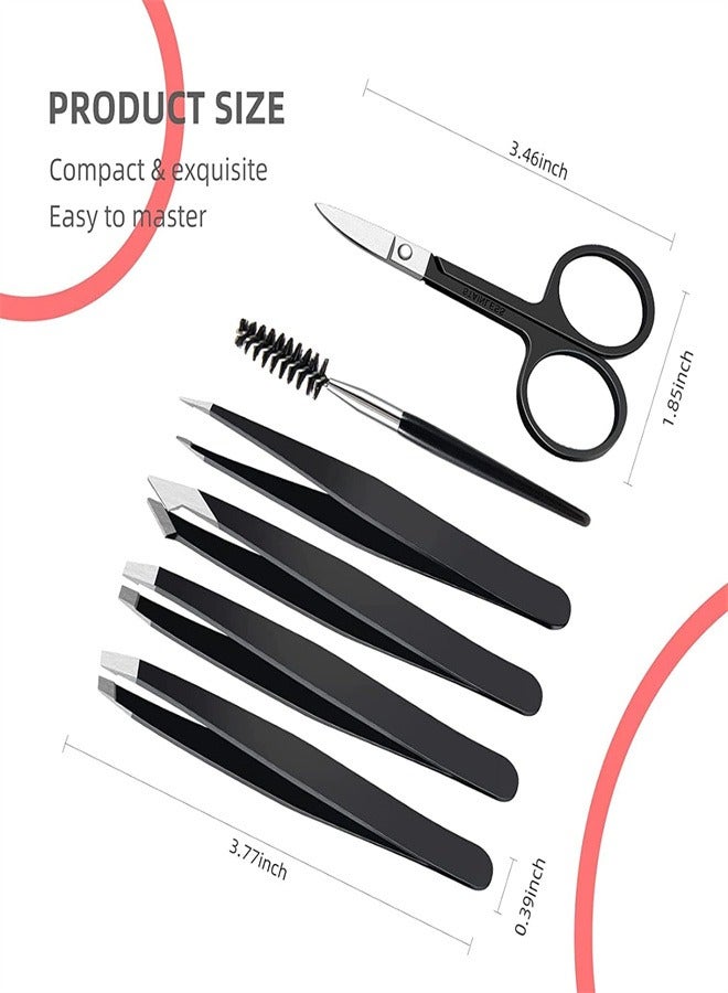 طقم ملاقط، 6 قطع ملاقط احترافية من الفولاذ المقاوم للصدأ، طقم ملاقط حواجب مع علبة لشعر الوجه النامي تحت الجلد، أداة تجميل يومية، أسود - Image 2