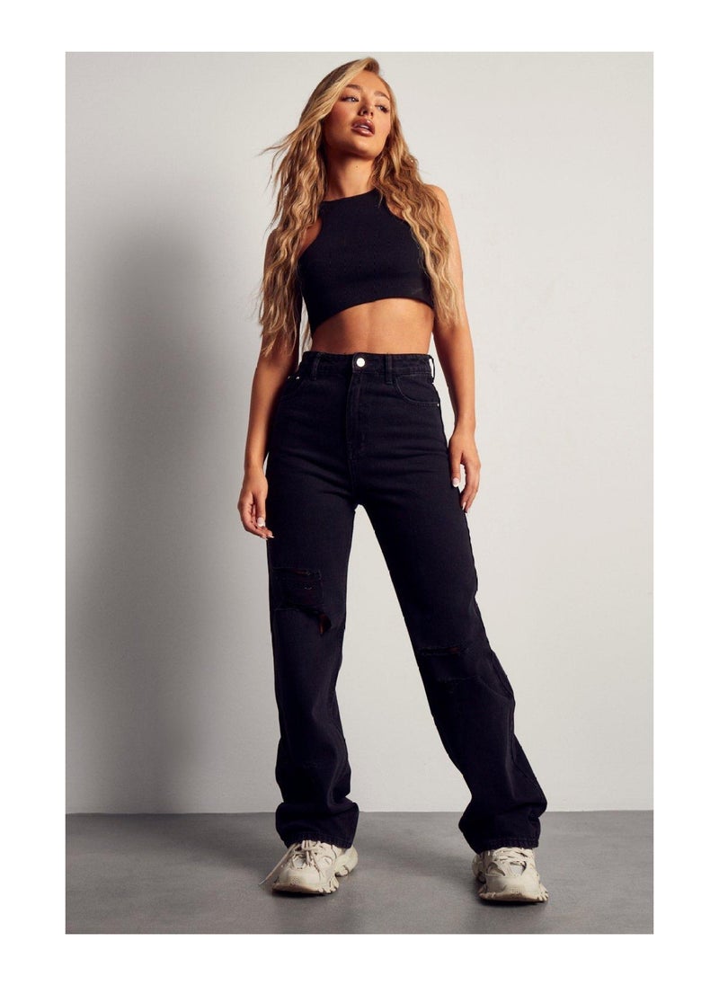 Miss Pap - Black Wide Leg Distressed Boyfriend Jean - Image 1