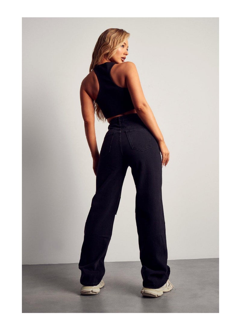 Miss Pap - Black Wide Leg Distressed Boyfriend Jean - Image 1
