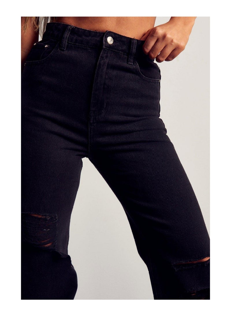 Miss Pap - Black Wide Leg Distressed Boyfriend Jean - Image 1
