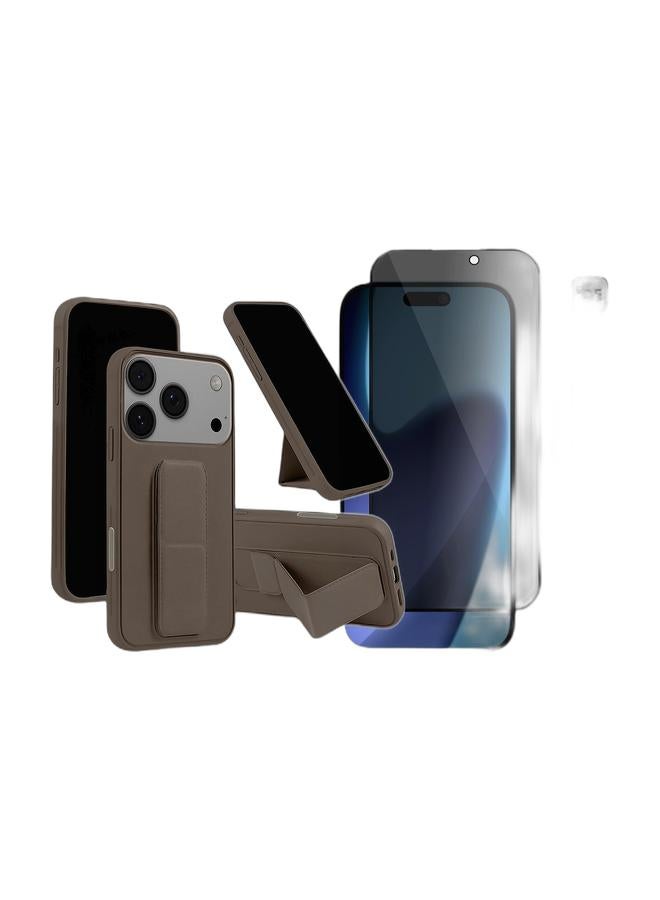 Wtech Apple iPhone 17 Pro 5G 2025 Hand Grip Foldable Magnetic Kickstand Wrist Strap Finger Grip with Built-in Iron Case Cover (MCGHSN) - Dark Brown & Apple iPhone 17 Pro 5G 2025 Premium E2E Series Privacy Full Glue Full Cover Tempered Glass Screen Protector (MSGECP) - Clear/Black Bundle - Image 1