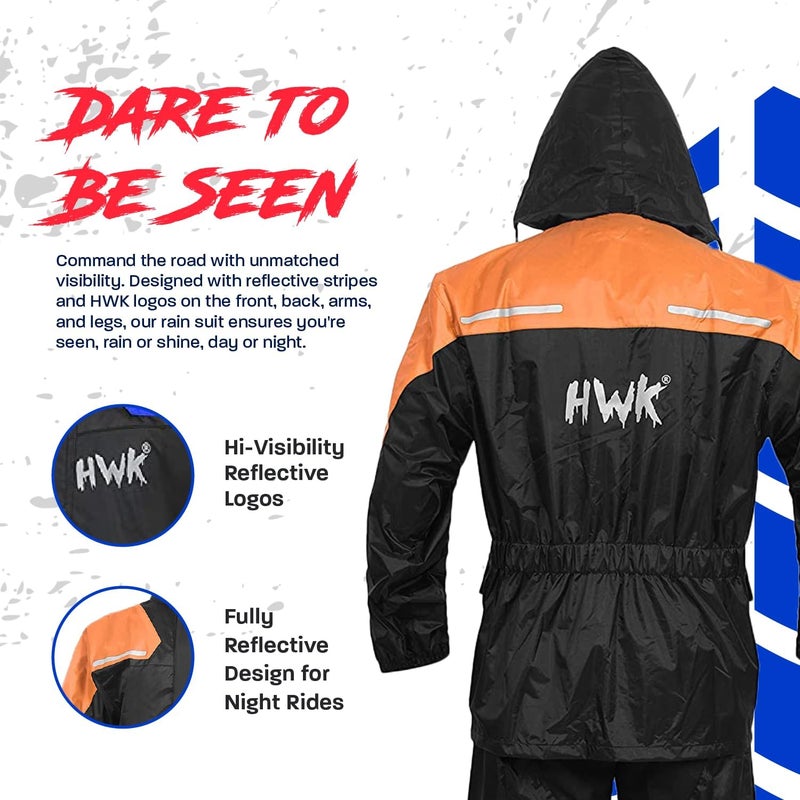 HWK Motorcycle Rain Suit for Men and Women - Waterproof Two-Piece Gear with Reflective Jacket and Pants, Hi-Vis Orange, X-Large - Image 3