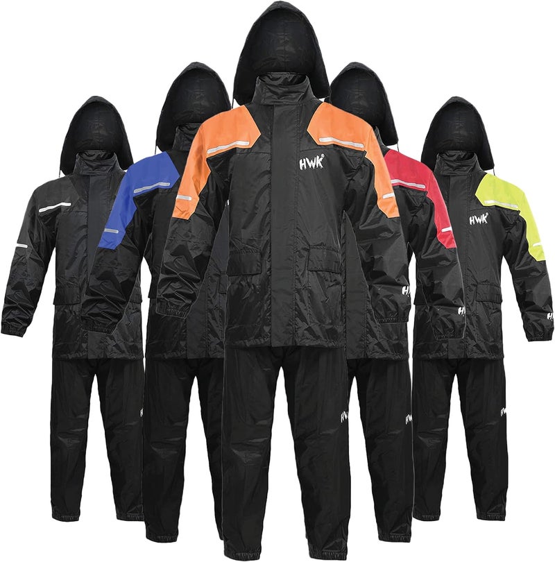 HWK Motorcycle Rain Suit for Men and Women - Waterproof Two-Piece Gear with Reflective Jacket and Pants, Hi-Vis Orange, X-Large - Image 1