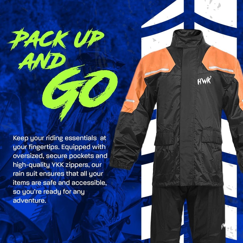 HWK Motorcycle Rain Suit for Men and Women - Waterproof Two-Piece Gear with Reflective Jacket and Pants, Hi-Vis Orange, X-Large - Image 5