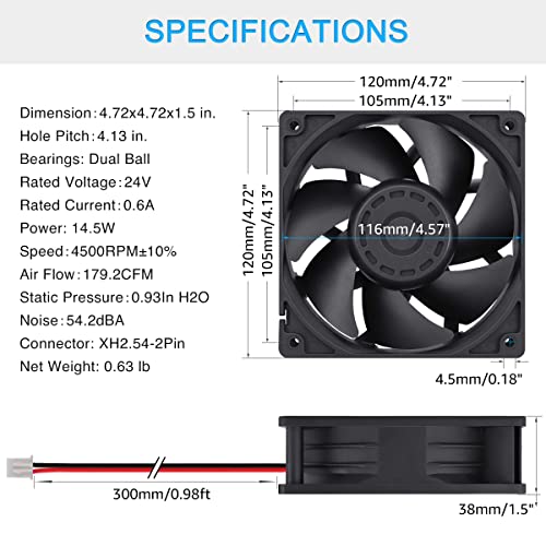 GDSTIME High Airflow 24V 120mm x 120mm x 38mm Dual Ball Bearing 5 Inch Brushless Cooling Fan - Image 2