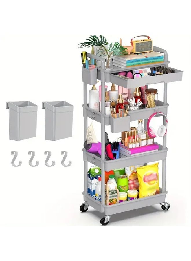 Gray 4 Tier Rolling Utility Cart with Lockable Wheels Plastic Shelves Storage Organizer - Image 1
