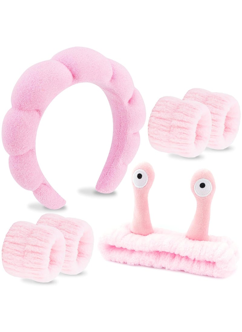 Velscrun VELSCRUN 6 Pcs Pink Puffy Sponge Spa Headband Snail Cartoon Wristband Set Spa Headbands for Wash Face Makeup Headband Facial Skincare Headbands Women Girls Hair Accessories Gifts 