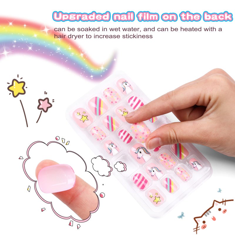 Jsiallye Kids Press on Nails - 192PCS Colorful Unicorn Patterns Kids Fake Nails, Strong Short Square False Nails Gifts for 7-12 Years Old Manicure - Image 3