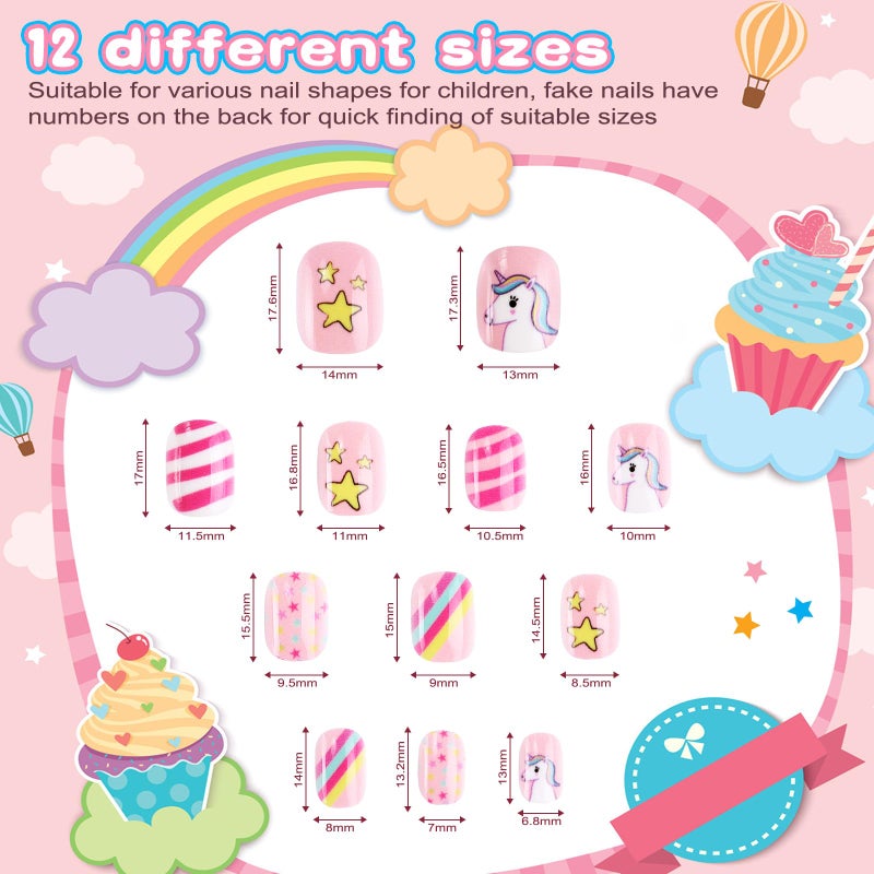 Jsiallye Kids Press on Nails - 192PCS Colorful Unicorn Patterns Kids Fake Nails, Strong Short Square False Nails Gifts for 7-12 Years Old Manicure - Image 5