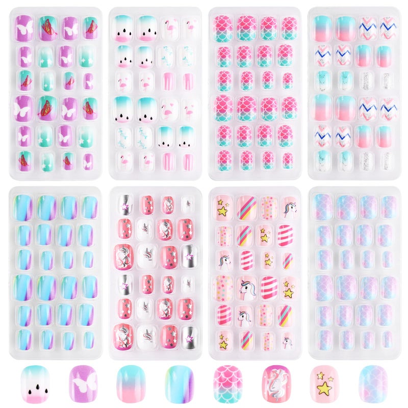 Jsiallye Kids Press on Nails - 192PCS Colorful Unicorn Patterns Kids Fake Nails, Strong Short Square False Nails Gifts for 7-12 Years Old Manicure - Image 1