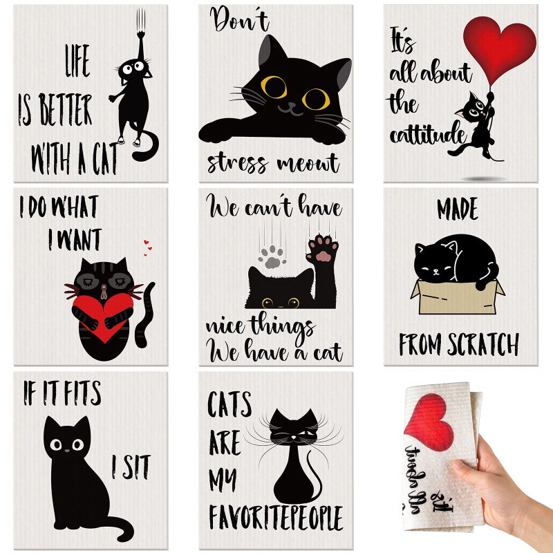 Funtery 8 Count Swedish Kitchen Dishcloths Towels Reusable Swedish Absorbent Sponge Cleaning Dish Cloths Quick Drying Kitchen Washable Decorative for Animal Lover Gifts for Women Hand TowelCat