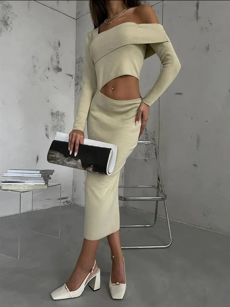 HICCUP Knitted One Shoulder Asymmetrical Cut Out Maxi Bodycon Dress