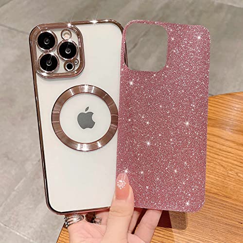 MGQILING Compatible with iPhone 13 Pro Max Magnetic Glitter Case, Luxury Plating Cute Bling Clear Phone Case, Compatible with MagSafe for Women Girls with Camera Protector Back Cover - Pink - Image 4