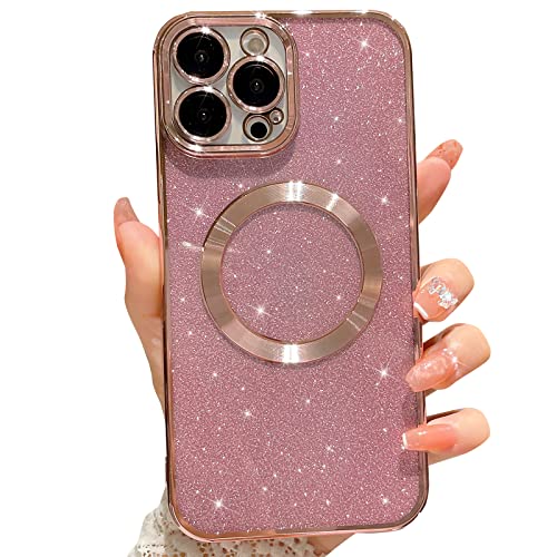 MGQILING Compatible with iPhone 13 Pro Max Magnetic Glitter Case, Luxury Plating Cute Bling Clear Phone Case, Compatible with MagSafe for Women Girls with Camera Protector Back Cover - Pink - Image 1