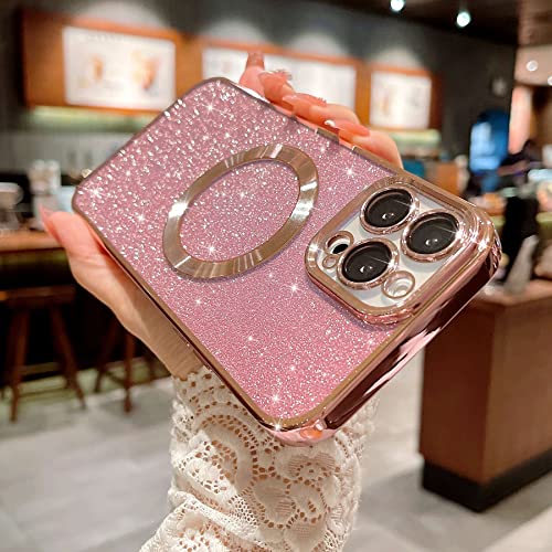 MGQILING Compatible with iPhone 13 Pro Max Magnetic Glitter Case, Luxury Plating Cute Bling Clear Phone Case, Compatible with MagSafe for Women Girls with Camera Protector Back Cover - Pink - Image 5