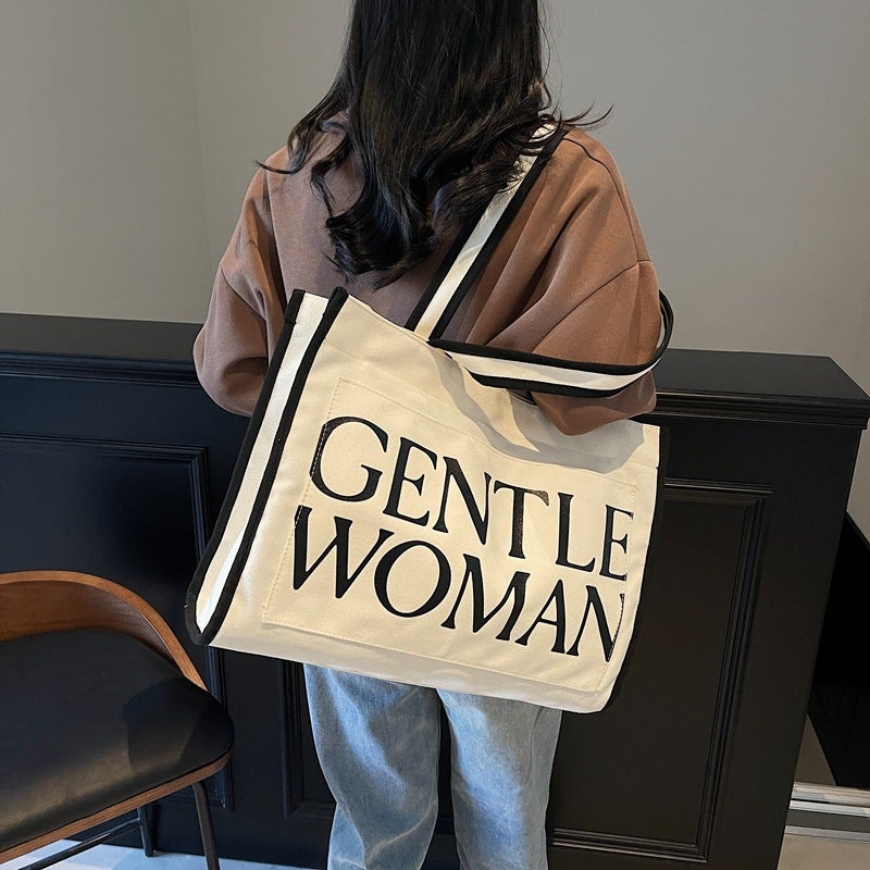 Thailand Internet Celebrated Gw Letter Tote Bag Women'S New Large Capacity Fashion Canvas Printed Handbag Shoulder Bag - Image 5