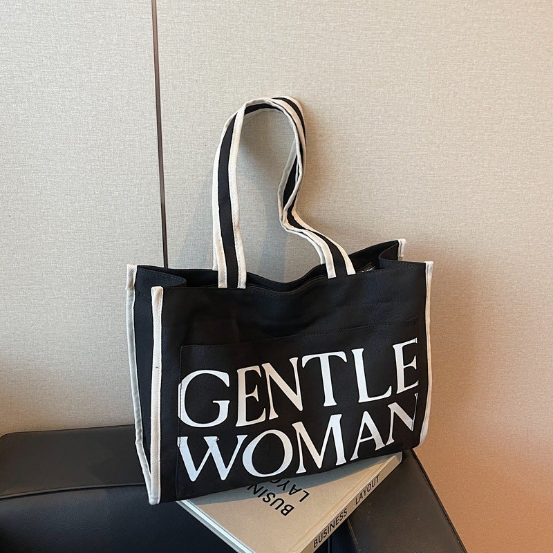 Thailand Internet Celebrated Gw Letter Tote Bag Women'S New Large Capacity Fashion Canvas Printed Handbag Shoulder Bag - Image 2