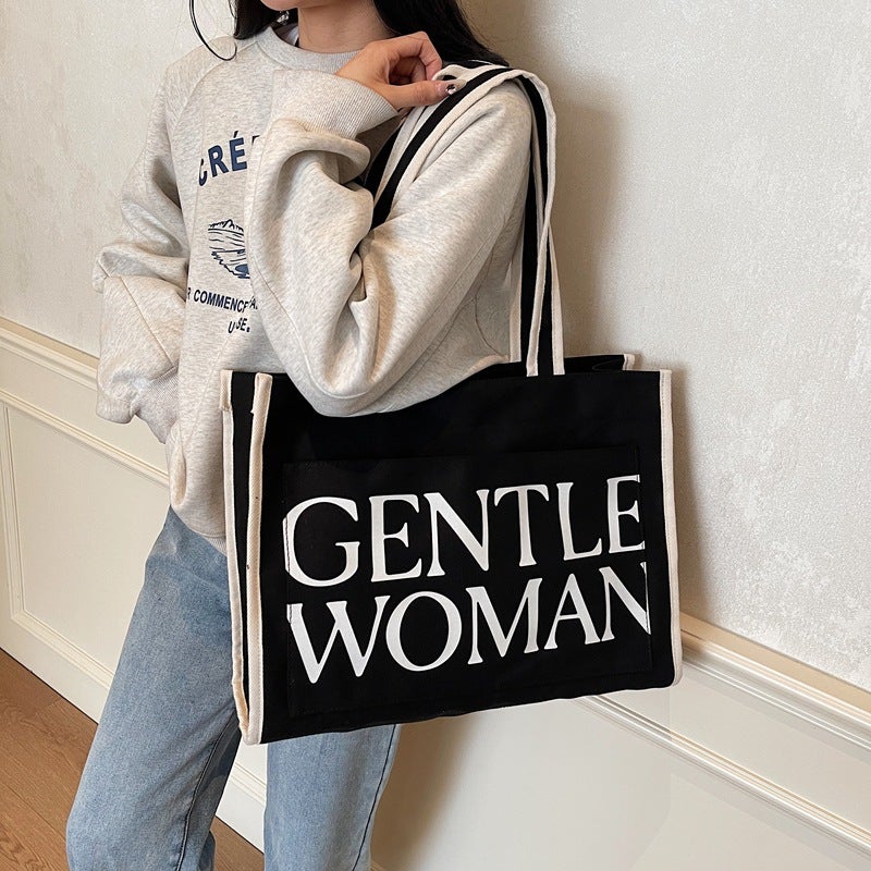 Thailand Internet Celebrated Gw Letter Tote Bag Women'S New Large Capacity Fashion Canvas Printed Handbag Shoulder Bag - Image 4