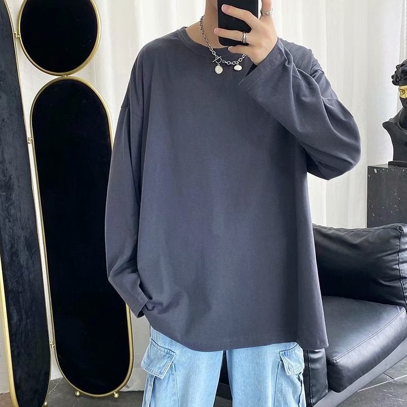 Round Neck Autumn Long Sleeve Loose Spring and Autumn Fashion Brand Instagram Style Solid Color Base Top Casual T-shirt All-match New Style Royal blue - Image 3