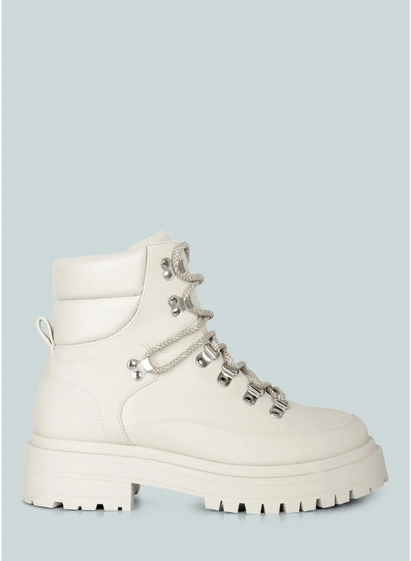 London Rag Women's Lace Up Chunky Platform Biker Boots in Ecru