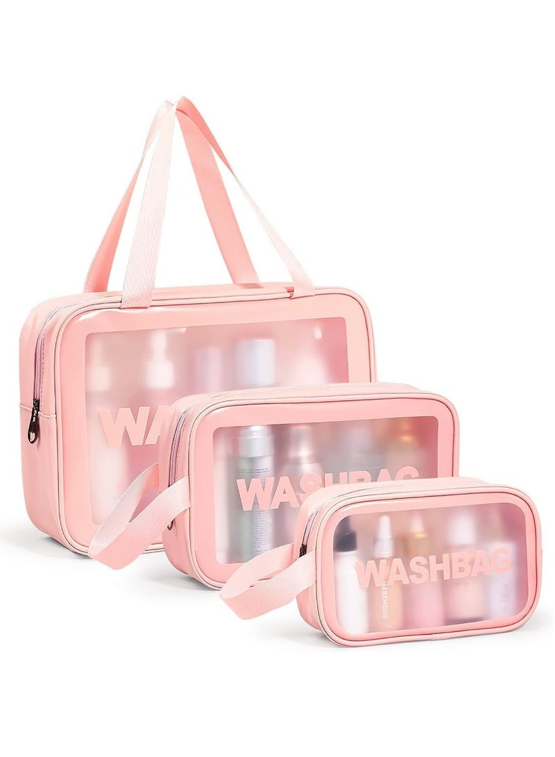 Rubik Toiletry Bag 3Pcs Water Resistant PVC Cosmetic Bag with Zipper Closure & Carry Handle Portable Makeup Organizer Pouch Set for Travel, Bathroom and Organizing (Pink)  - Image 1