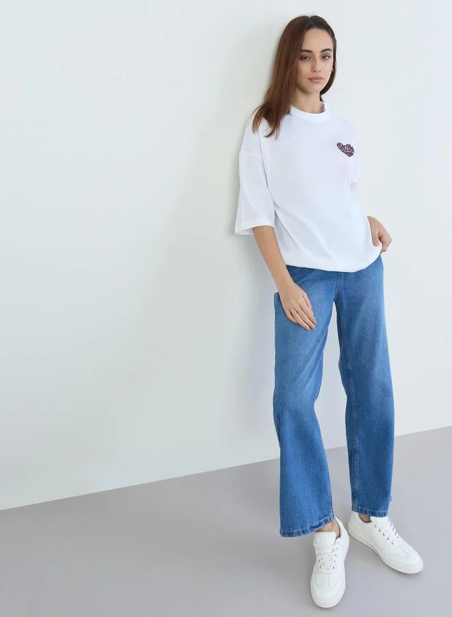 Styli White Oversized Embroidered Slogan T-Shirt