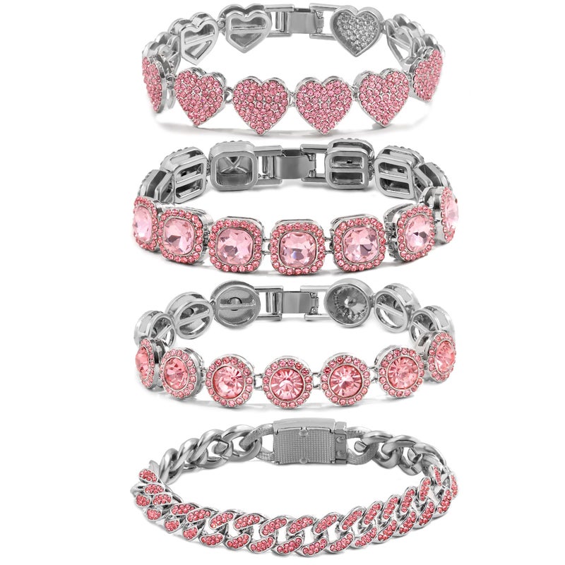 shopbyskyler 4PCS Gold Bracelets for Women Silver Clustered Tennis Bracelet for Women Heart Round Diamond Cuban Bracelet Layered Link Bracelet Set Fashion Jewelry for Women Set (Pink, 8inch) - Image 1