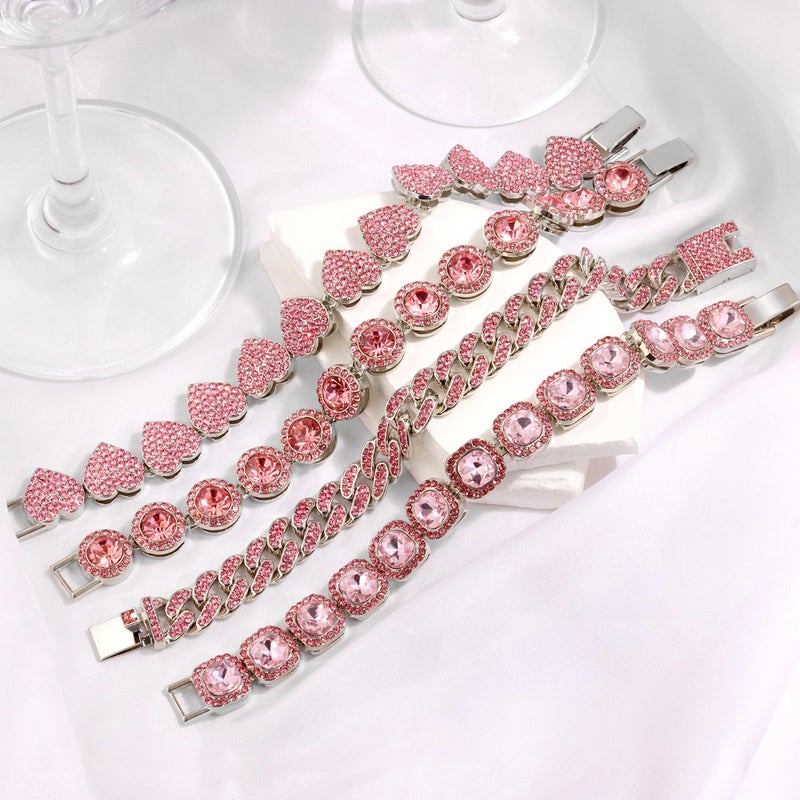 shopbyskyler 4PCS Gold Bracelets for Women Silver Clustered Tennis Bracelet for Women Heart Round Diamond Cuban Bracelet Layered Link Bracelet Set Fashion Jewelry for Women Set (Pink, 8inch) - Image 5