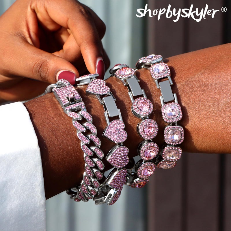 shopbyskyler 4PCS Gold Bracelets for Women Silver Clustered Tennis Bracelet for Women Heart Round Diamond Cuban Bracelet Layered Link Bracelet Set Fashion Jewelry for Women Set (Pink, 8inch) - Image 2