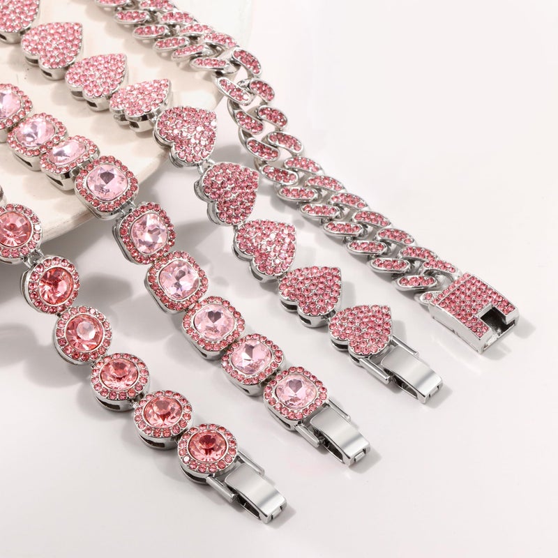 shopbyskyler 4PCS Gold Bracelets for Women Silver Clustered Tennis Bracelet for Women Heart Round Diamond Cuban Bracelet Layered Link Bracelet Set Fashion Jewelry for Women Set (Pink, 8inch) - Image 4